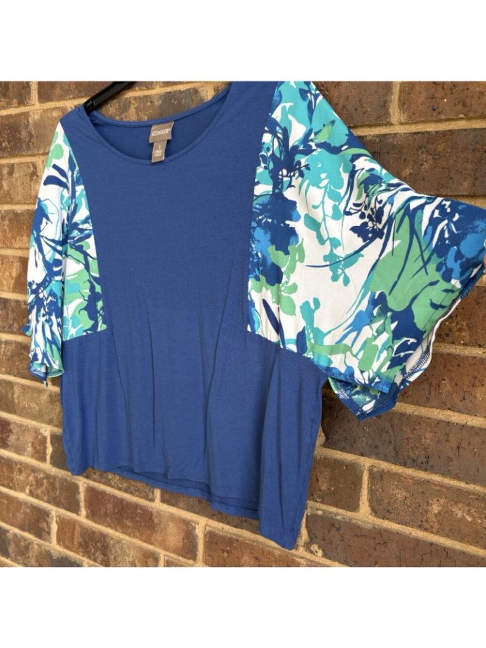 Chicos Blouse Women's Blue Abstract Pullover Fun Sleeves Size 1 - Picture 5 of 5